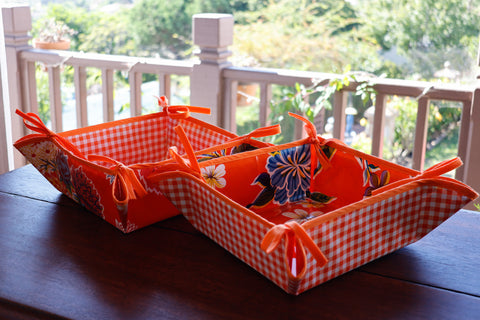 Reversible Oilcloth Basket in Orange Hibiscus and Orange Gingham