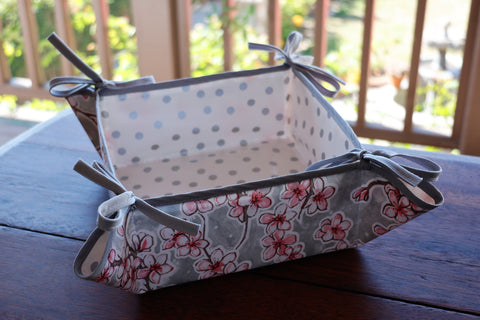 Reversible Oilcloth Basket in Silver Cherry Blossom and Silver on White Polka Dot
