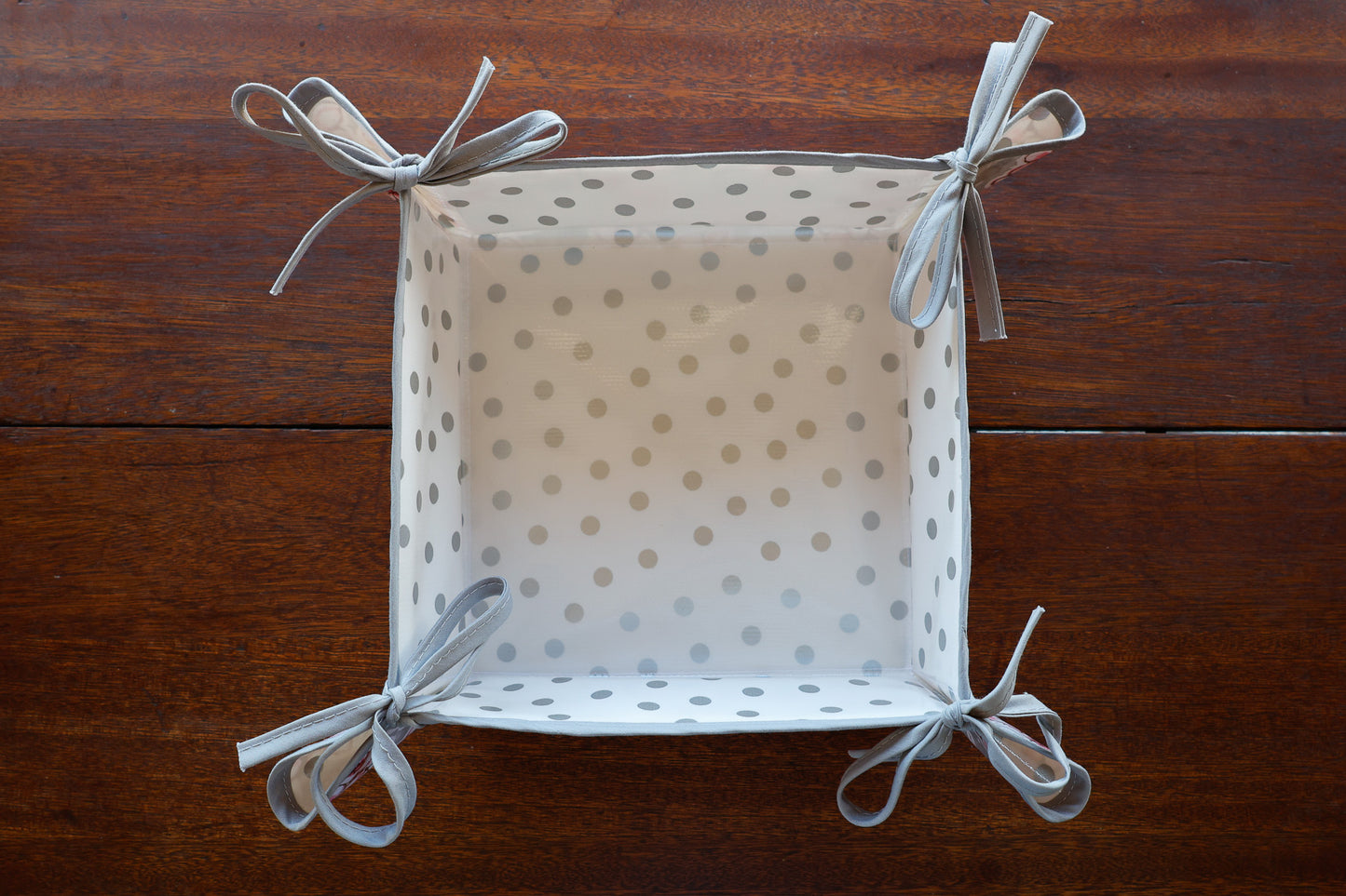 Reversible Oilcloth Basket in Silver Cherry Blossom and Silver on White Polka Dot