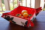 Reversible Oilcloth Basket in White Vintage Christmas and White on Red Polka Dot