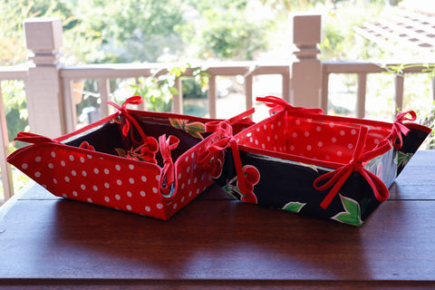 Reversible Oilcloth Basket in Black Cherry and White on Red Polka Dot
