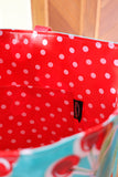 Reversible Oilcloth Totebag - Turquoise Cherry with White on Red Polka - Two Sizes