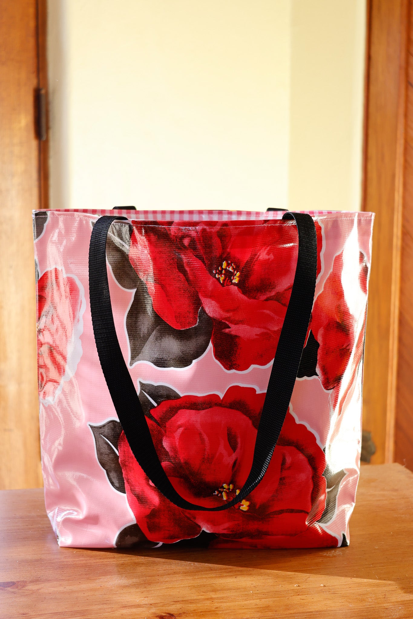Reversible Oilcloth Totebag - Pink Magenta Blossom with Pink Gingham Two Sizes