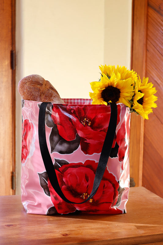 Reversible Oilcloth Totebag - Pink Magenta Blossom with Pink Gingham Two Sizes
