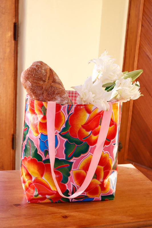 Reversible Oilcloth Totebag - Pink Royal Roses with Pink Gingham - Two Sizes