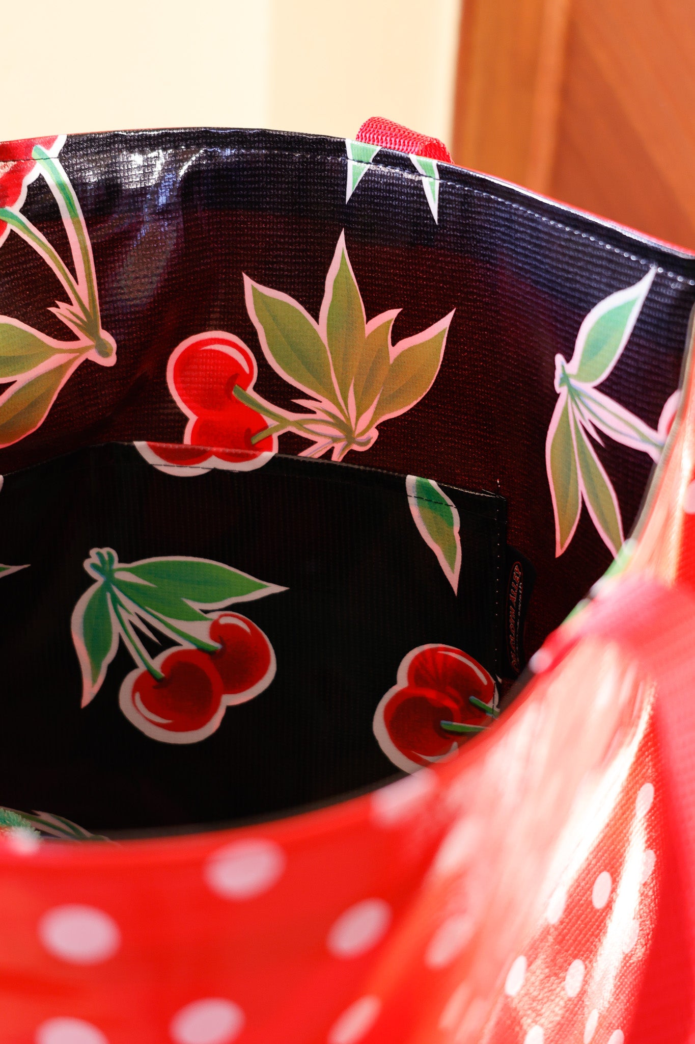 Reversible Oilcloth Totebag - White on Red Polka Dot with Black Cherry Two Sizes