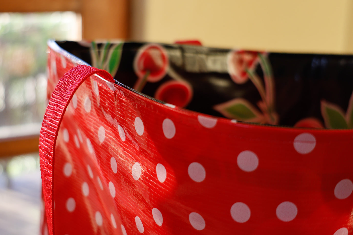 Reversible Oilcloth Totebag - White on Red Polka Dot with Black Cherry Two Sizes