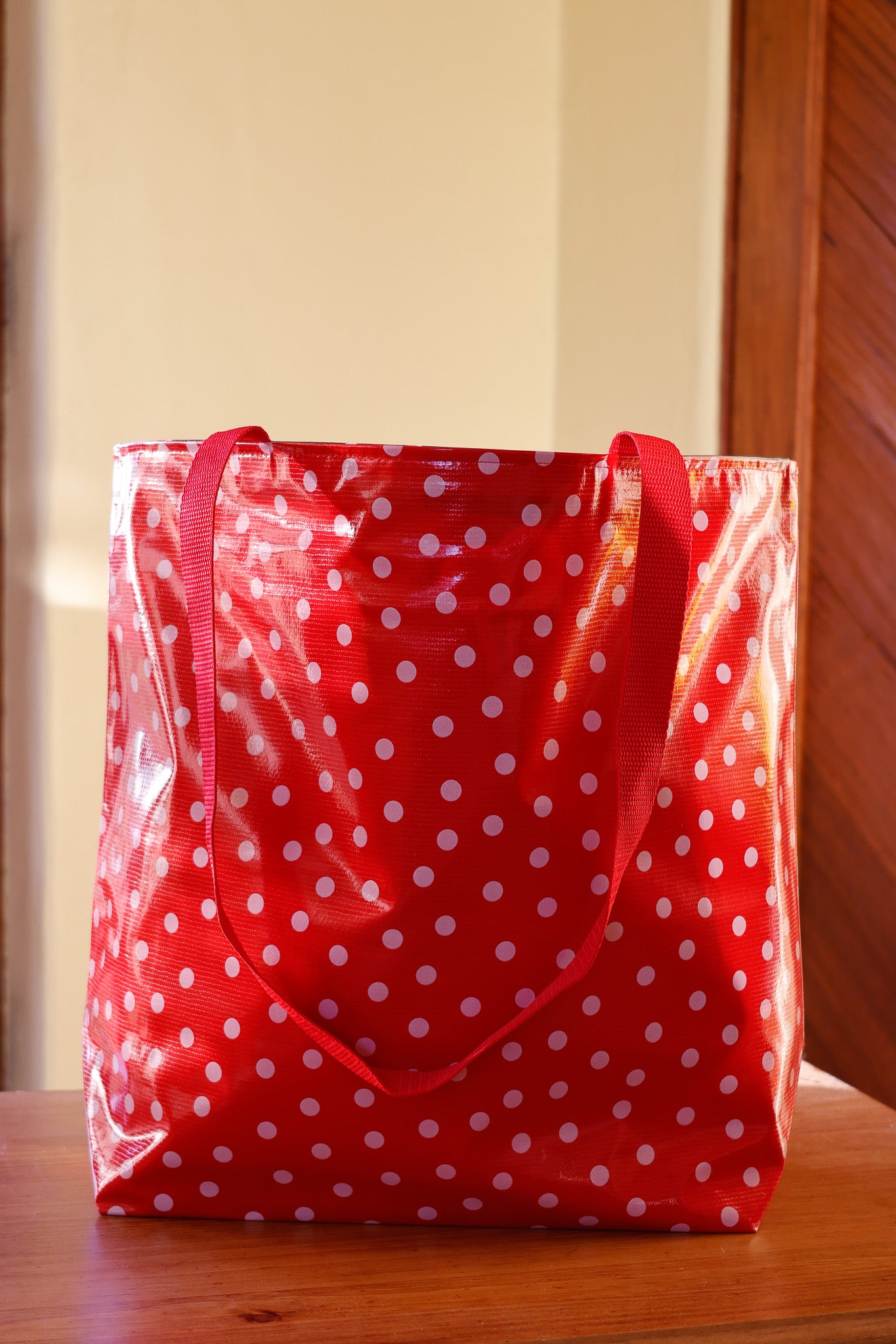 Reversible Oilcloth Totebag - White on Red Polka Dot with Black Cherry Two Sizes