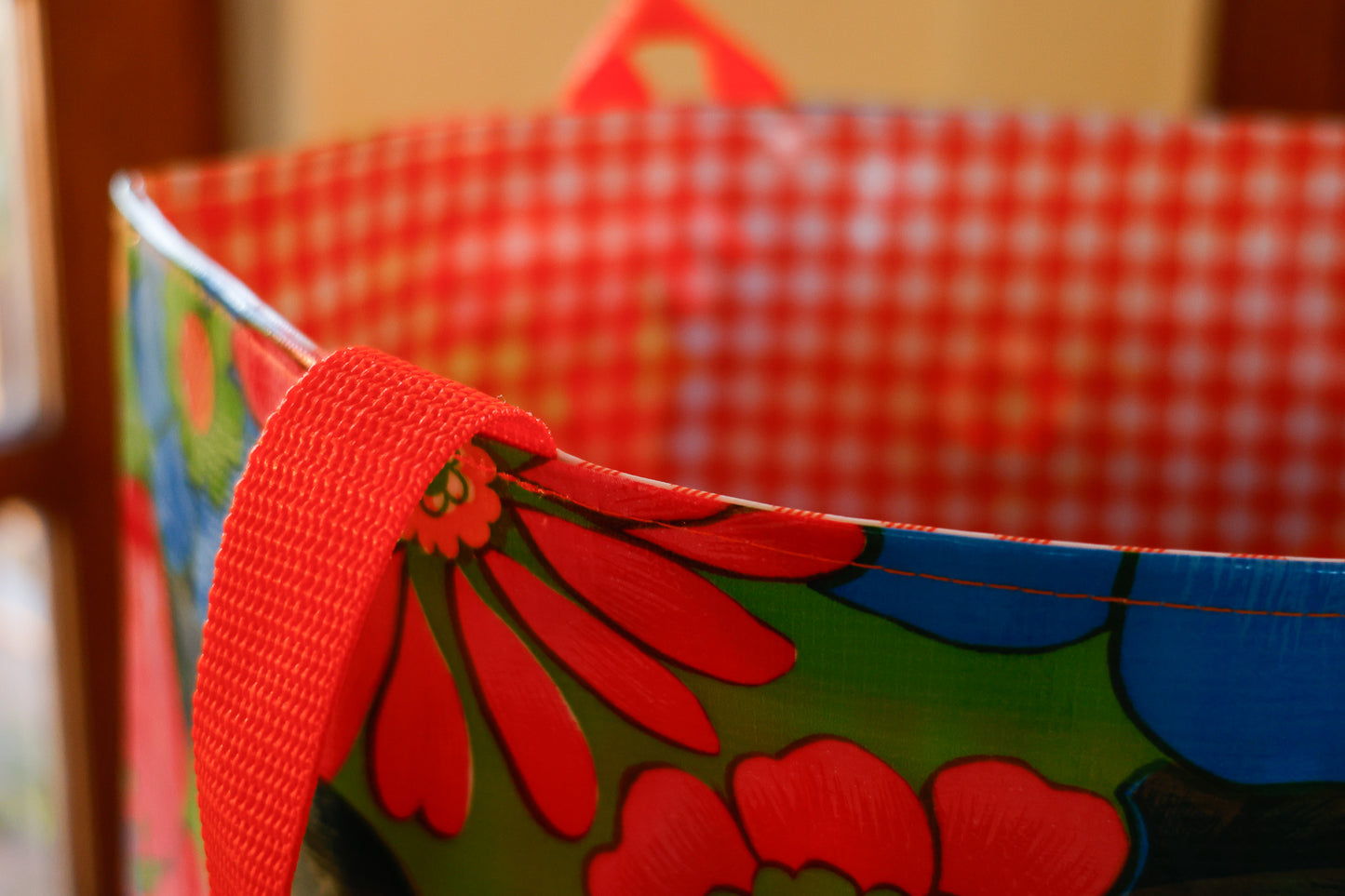 Reversible Oilcloth Totebag - Green Flora with Orange Gingham, Two Sizes