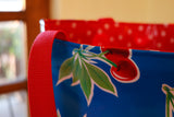 Reversible Oilcloth Totebag - Blue Cherry with Red Polka, Two Sizes