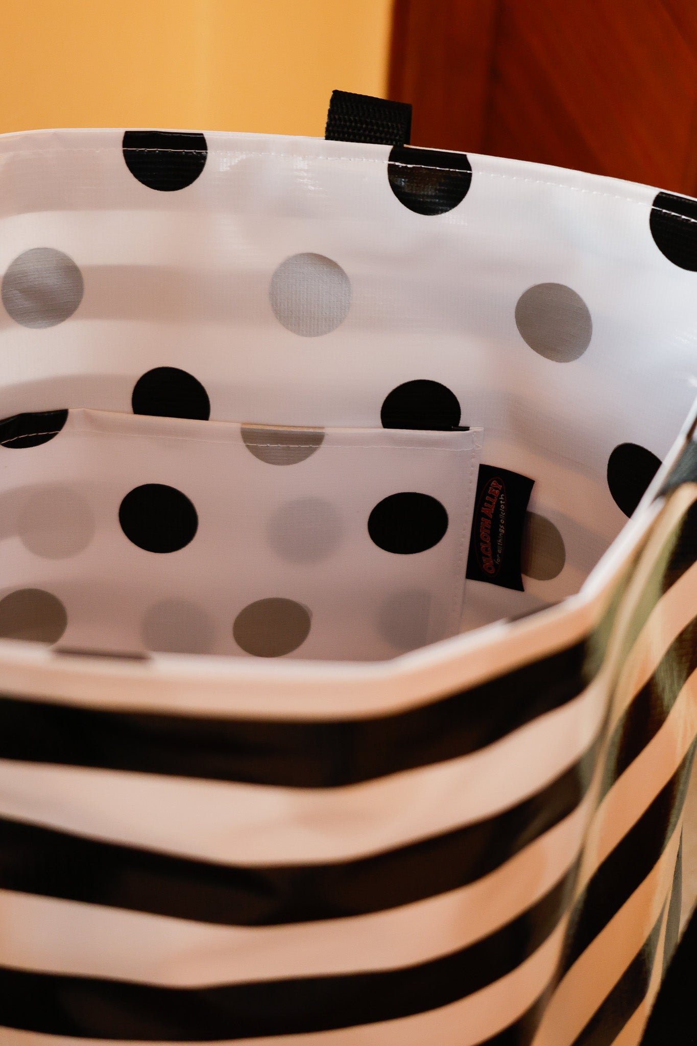 Reversible Oilcloth Totebag - Black and White Stripes with Black and Silver Confetti - Two Sizes