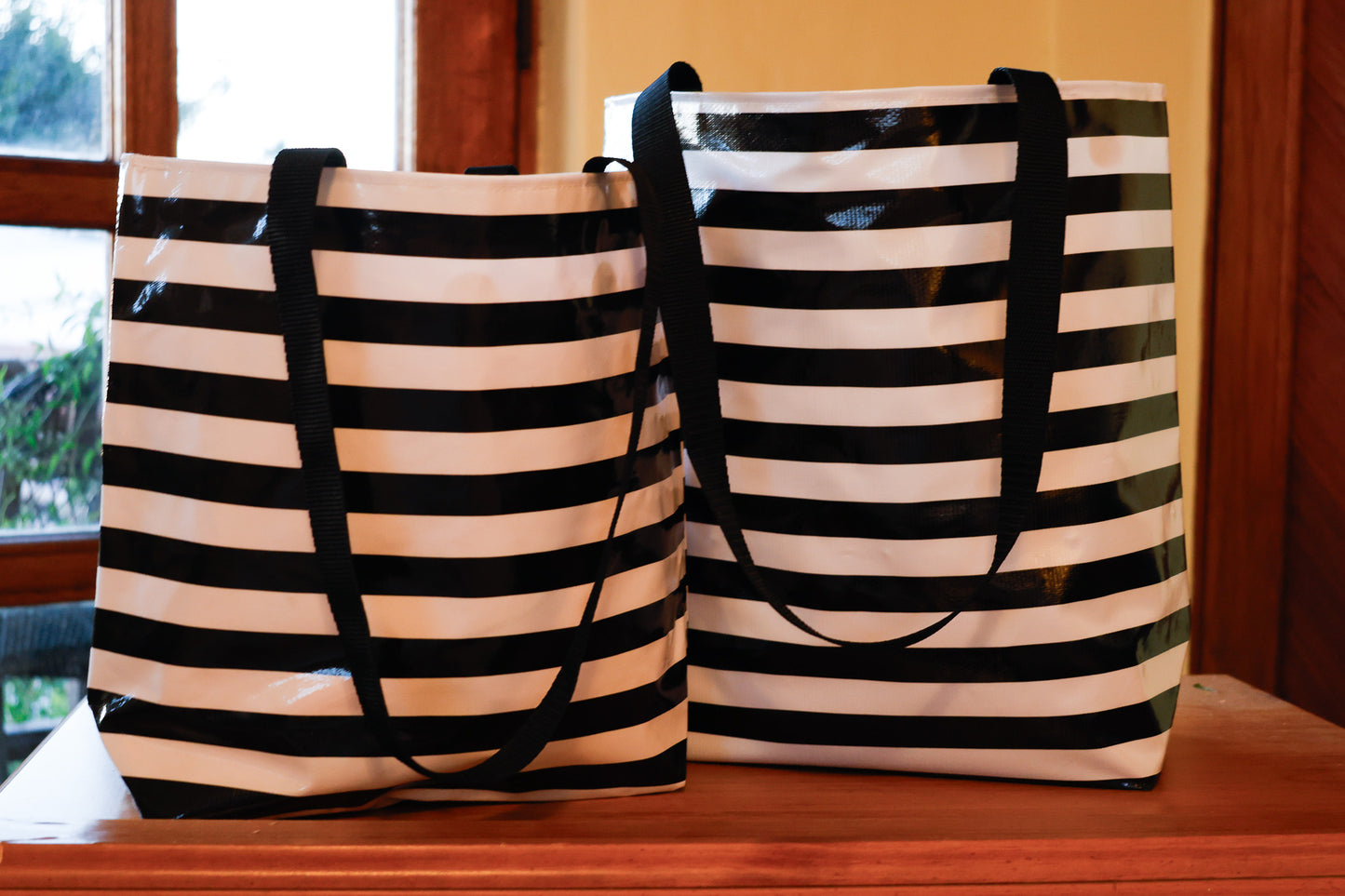 Reversible Oilcloth Totebag - Black and White Stripes with Black and Silver Confetti - Two Sizes