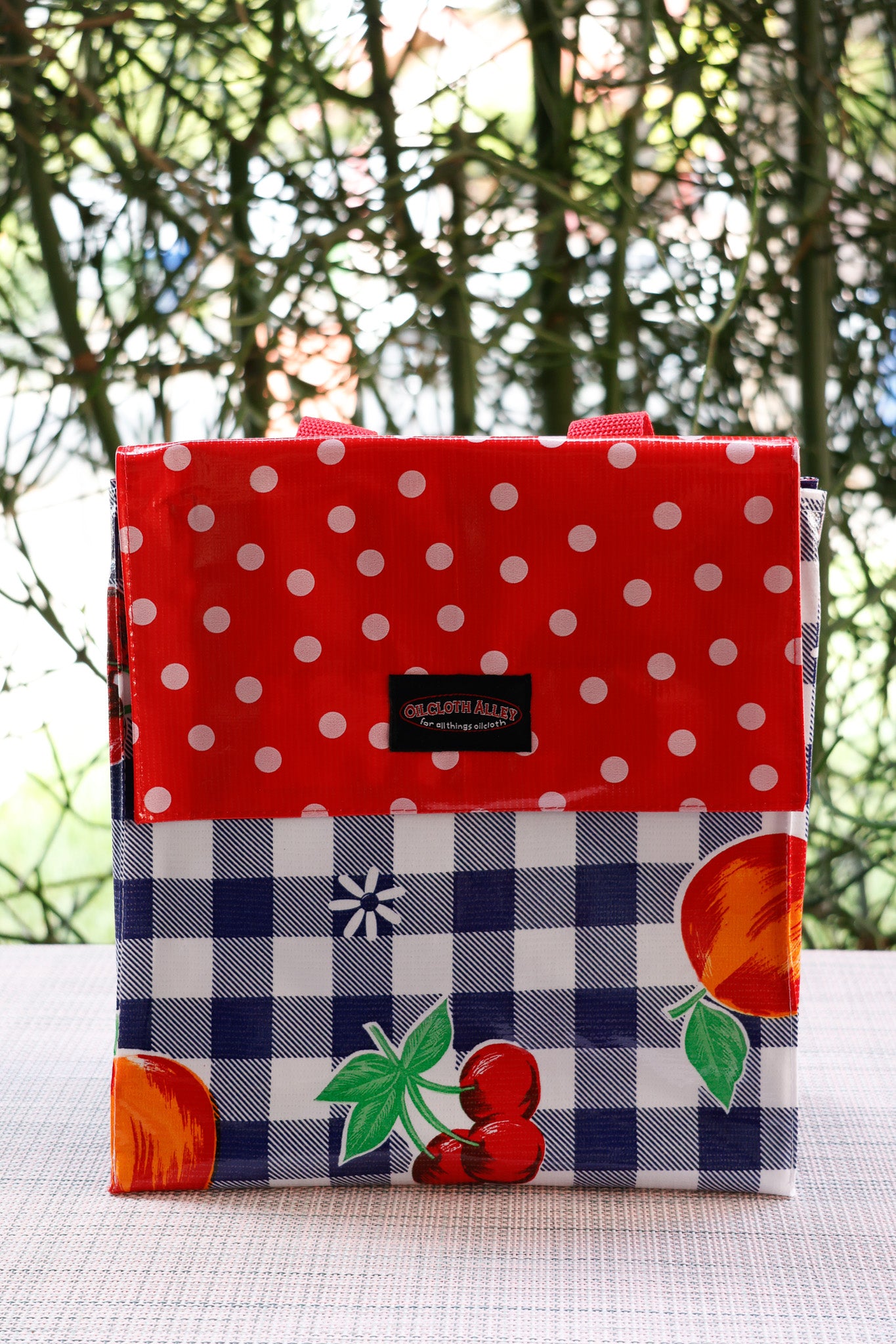 Oilcloth Insulated Lunch Bag - Blue Cafe Check with Fruit
