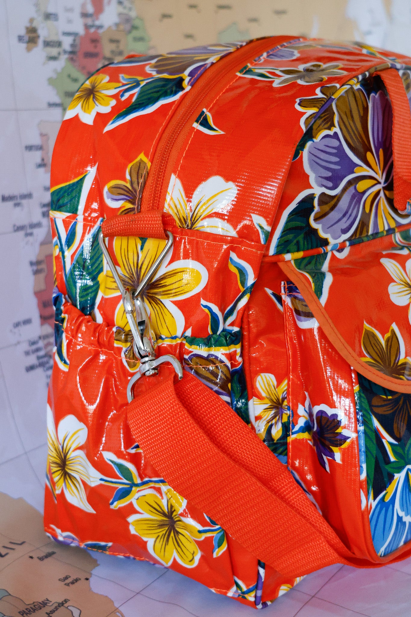 Oilcloth Carryall Bag - Orange Hibiscus