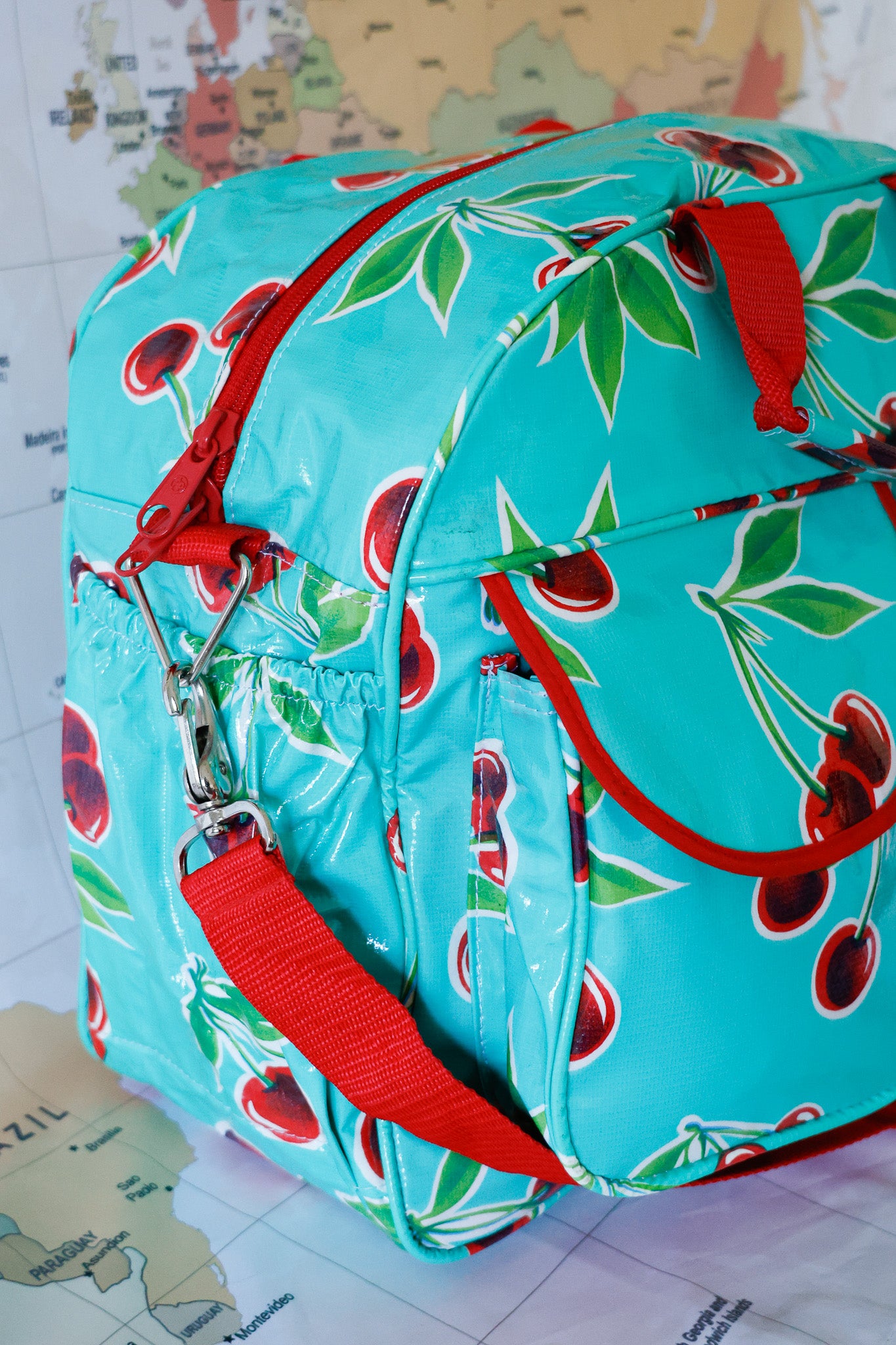 Oilcloth Carryall Bag - Turquoise Cherry