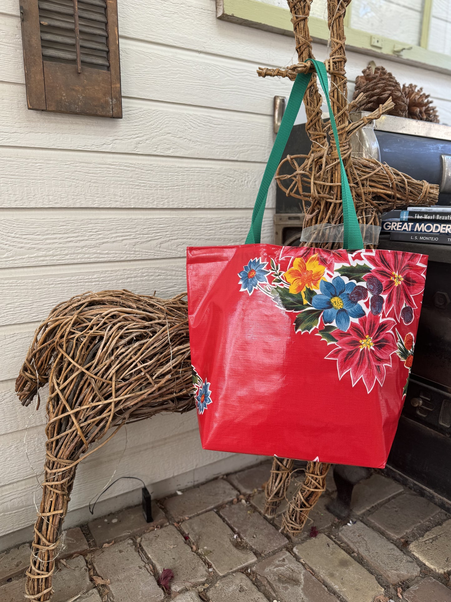 Red Vintage Christmas Reversible Oilcloth Totebag - Two Sizes