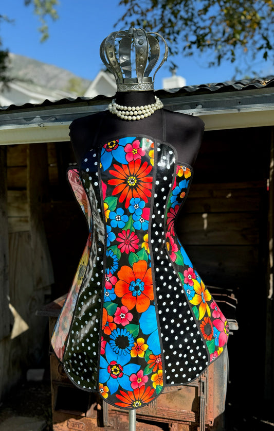 Retro Black Flora and Polka Dot Oilcloth Apron