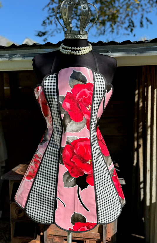 Retro Pink Magenta Blossom Black Gingham Oilcloth Apron