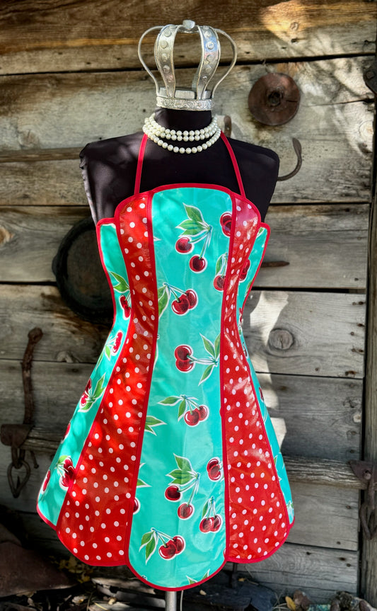 Retro Turquoise Cherry Polka Oilcloth Apron