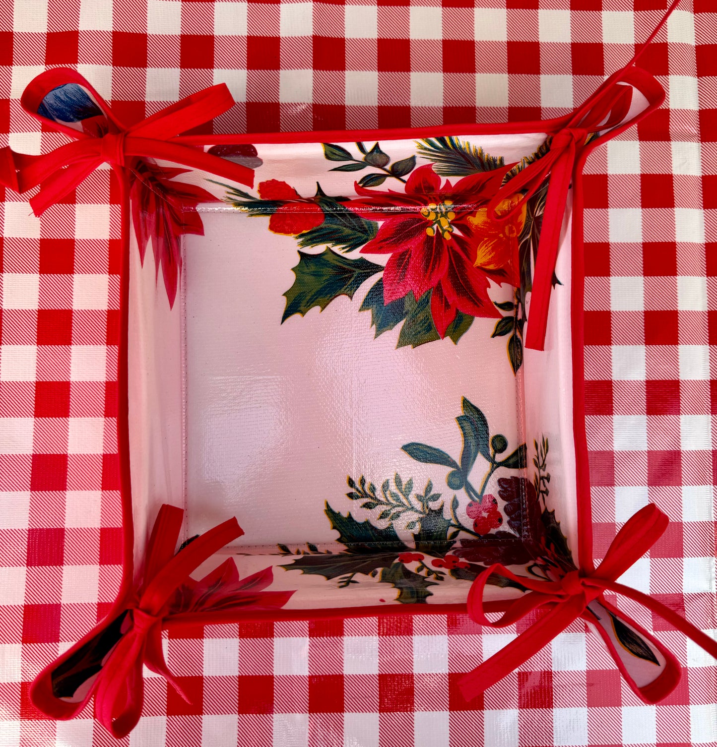 Reversible Oilcloth Basket in White Vintage Christmas and White on Red Polka Dot