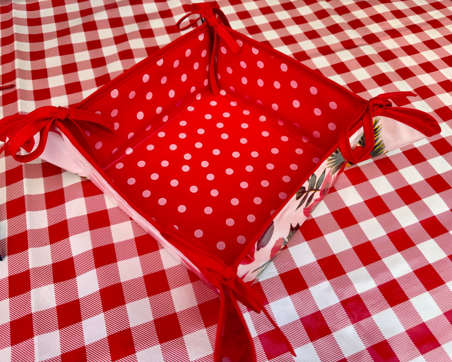 Reversible Oilcloth Basket in White Vintage Christmas and White on Red Polka Dot