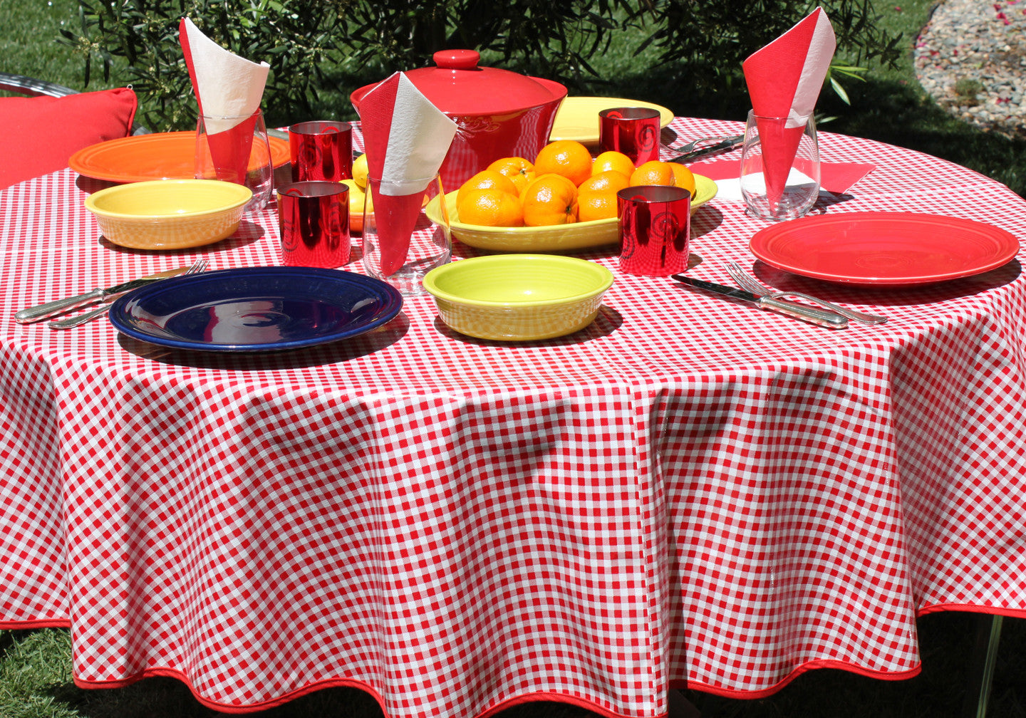 Round Red Gingham Oilcloth Tablecloths