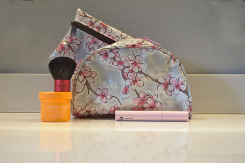 Silver Cherry Blossom Oilcloth Combination Set - Mini and Small Cosmetic Bag,  Small Pouch