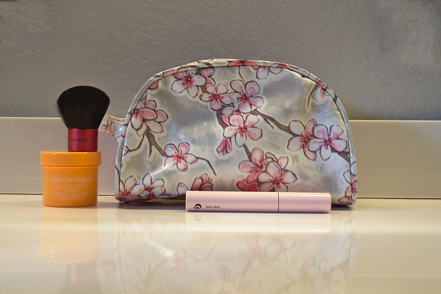 Silver Cherry Blossom Oilcloth Combination Set - Mini and Small Cosmetic Bag,  Small Pouch