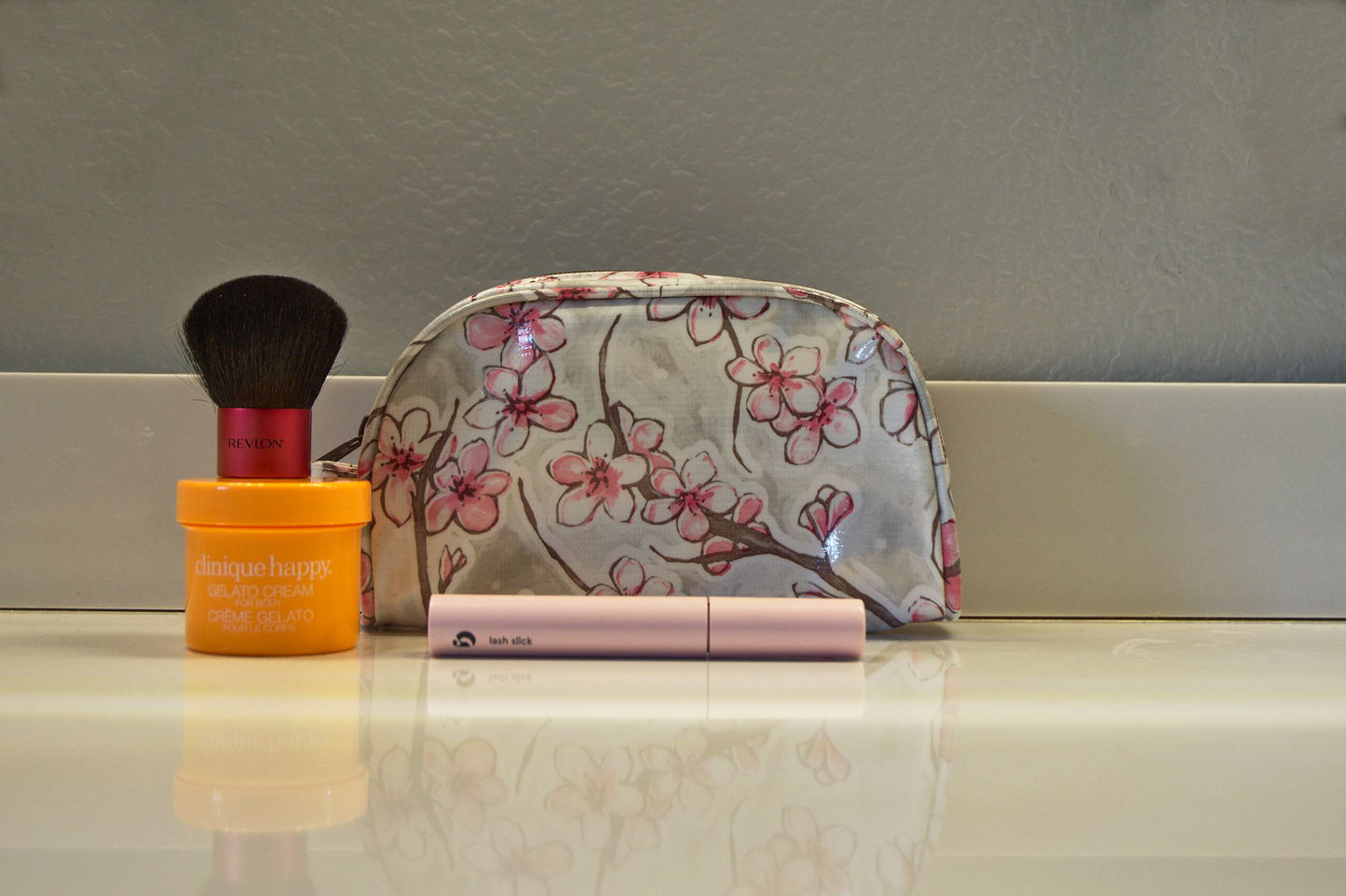 Silver Cherry Blossom Oilcloth Combination Set - Mini and Small Cosmetic Bag,  Small Pouch