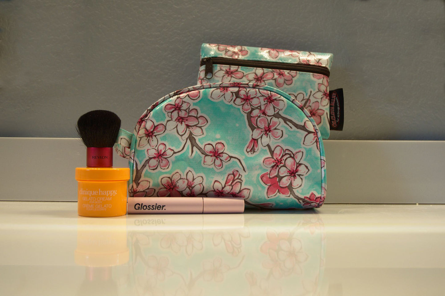 Seafoam Cherry Blossom Oilcloth Combination Set - Mini Cosmetic Bag & Small Pouch