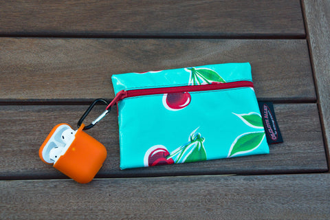 Small Oilcloth Lined Pouch - Turquoise Cherry
