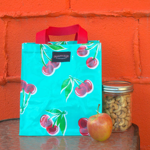 Oilcloth Lunch Tote - Turquoise Cherry