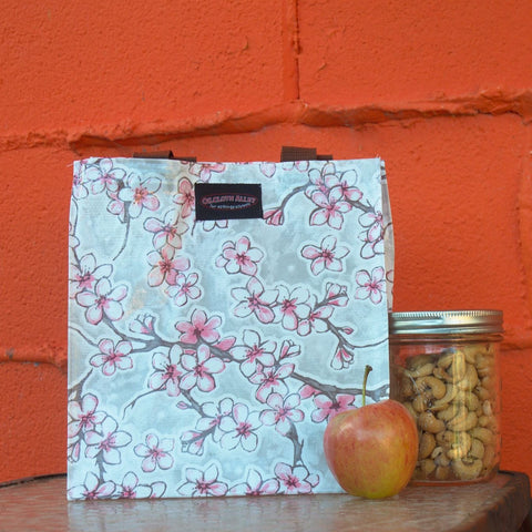 Oilcloth Lunch Tote - Silver Cherry Blossoms