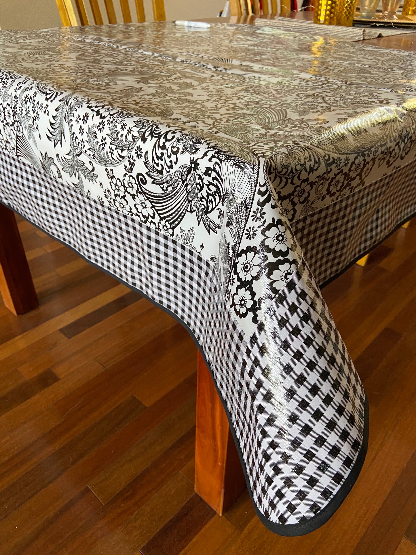 Black and White Toile and Black Gingham Oilcloth Tablecloth - 84" x 56"