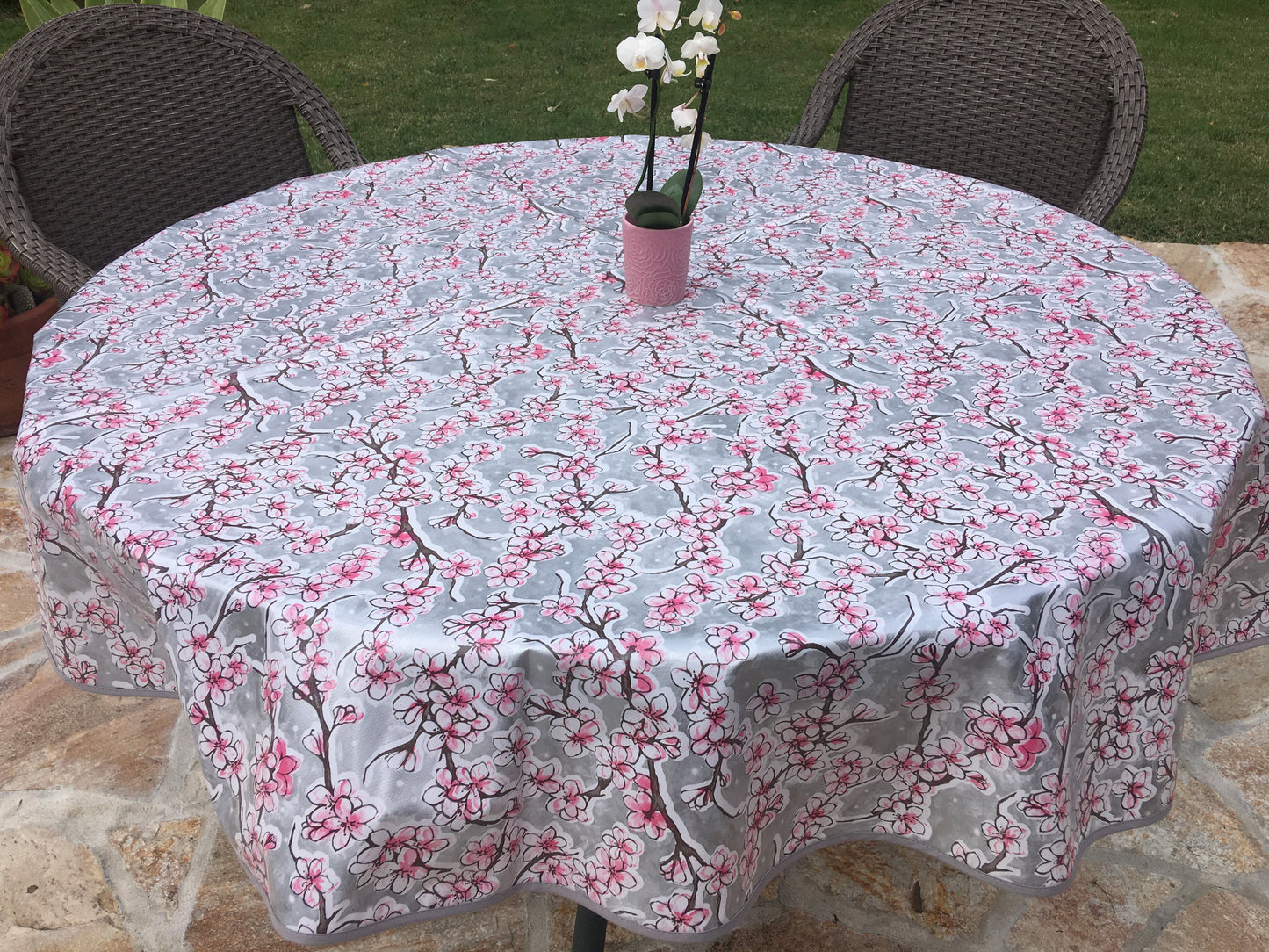 Round Silver Cherry Blossom Oilcloth Tablecloths