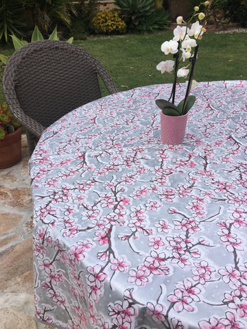 Round Silver Cherry Blossom Oilcloth Tablecloth