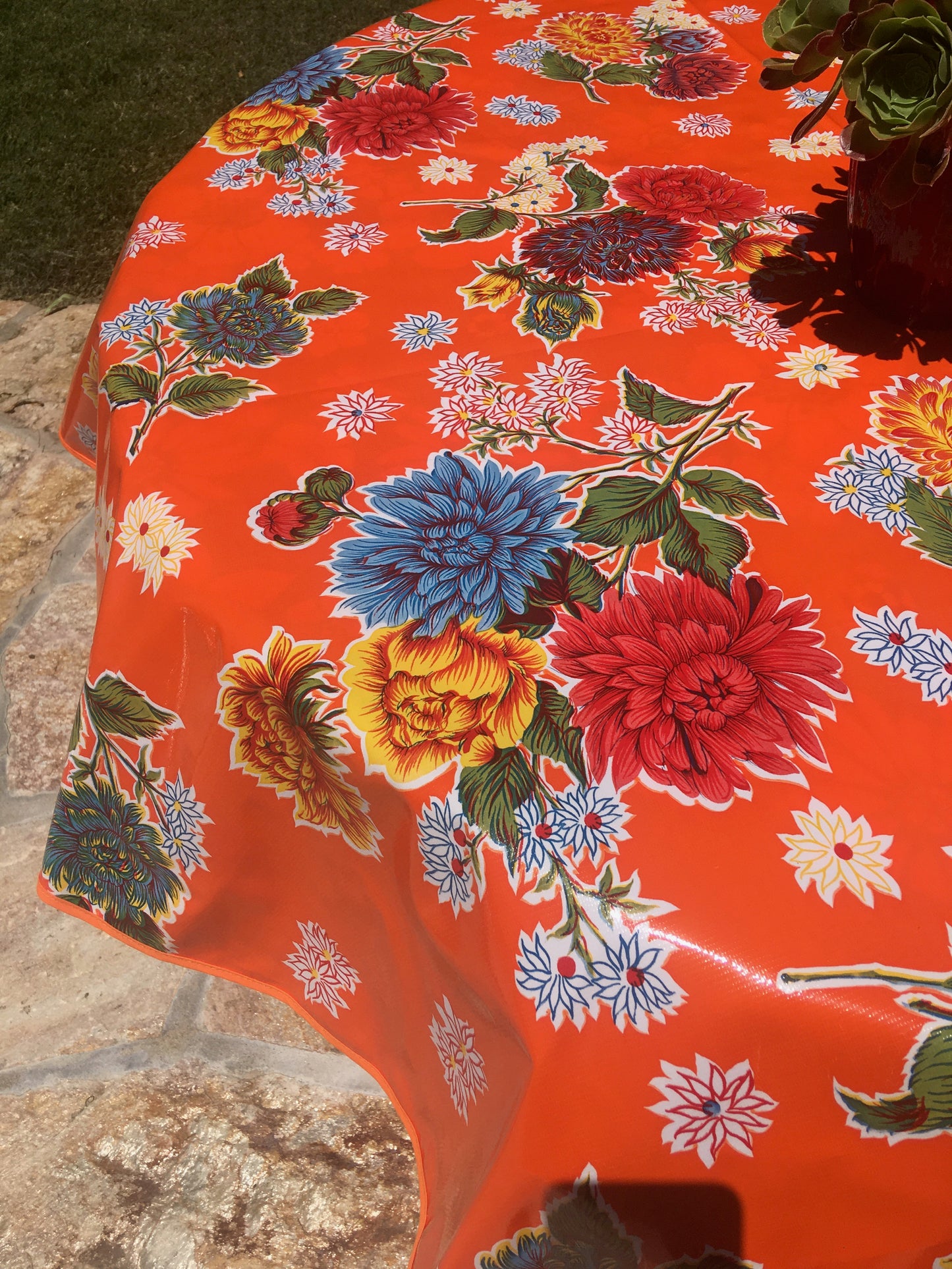 Round Orange Mums Oilcloth Tablecloths