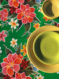 Round Green Hibiscus Oilcloth Tablecloth
