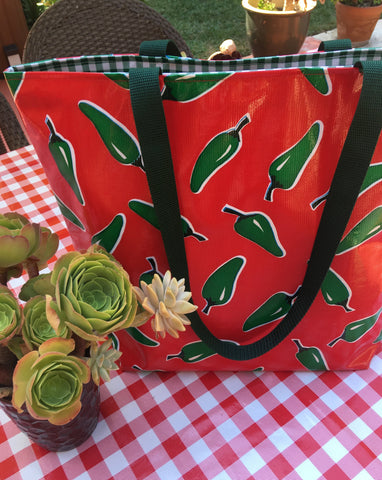 Reversible Oilcloth Totebag - Green Chili Pepper on Red with Green Gingham