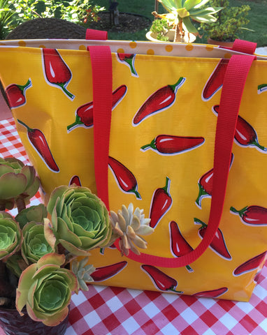 Reversible Oilcloth Totebag - Yellow Chili Pepper with White on Red Polka