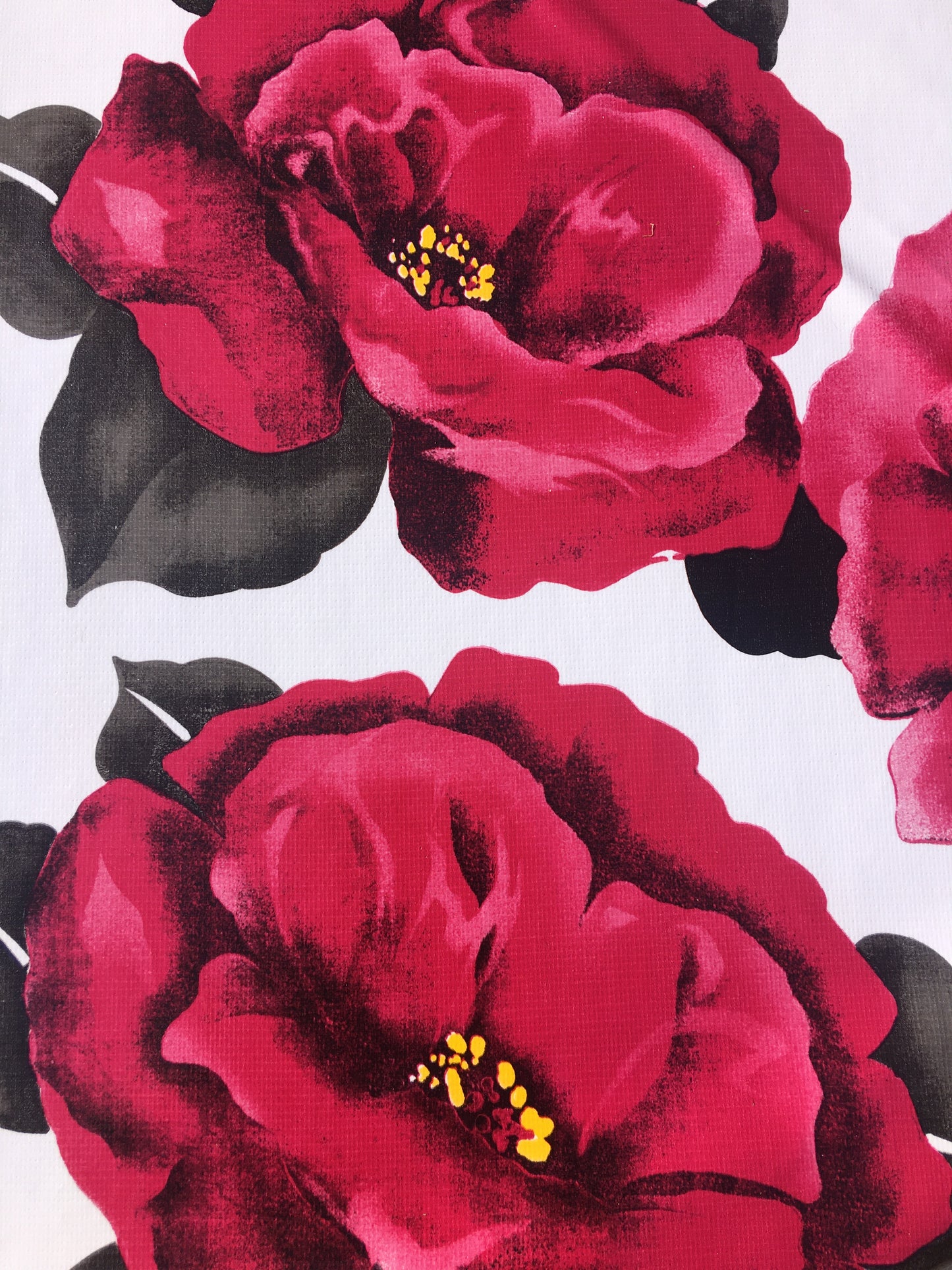 Round Magenta Blossom Oilcloth Tablecloths with Black Gingham Borders