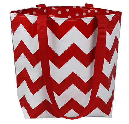 Reversible Oilcloth Totebag - Red Chevron with White on Red Polka - Two Sizes