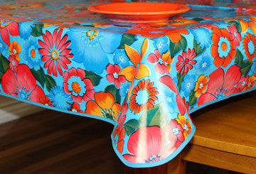 Blue Flora Oilcloth Tablecloth 84" x 47"