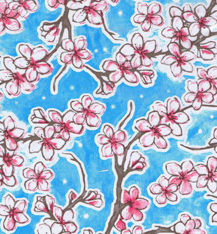 Light Blue Cherry Blossoms Oilcloth Fabric