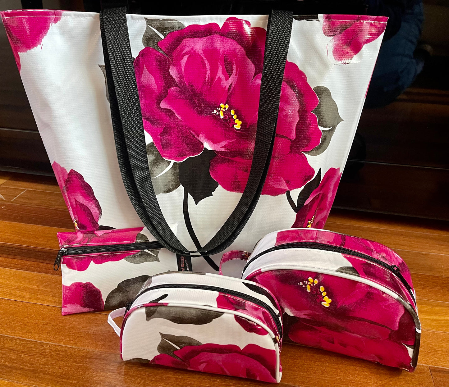 Magenta Blossom Oilcloth Combination Set - Mini and Small Cosmetic Bag, Small Pouch