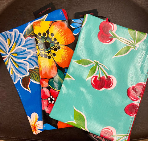 Medium Oilcloth Lined Pouch-Blue Hibiscus, Black Flora , Turquoise Cherry