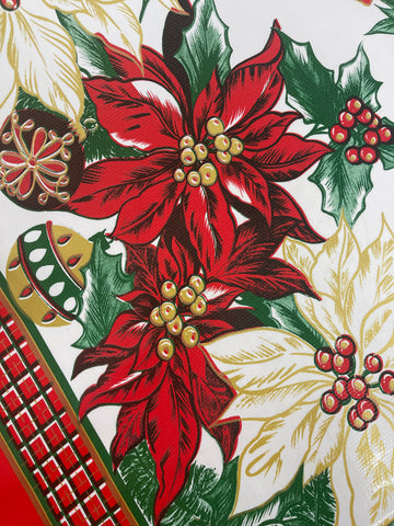 Retro Christmas Oilcloth Fabric with Poinsettia & Christmas Bells
