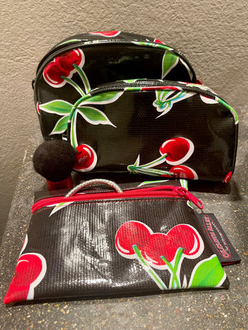 Black Cherry Oilcloth Combination Set - Mini and Small Cosmetic Bag, Small Pouch