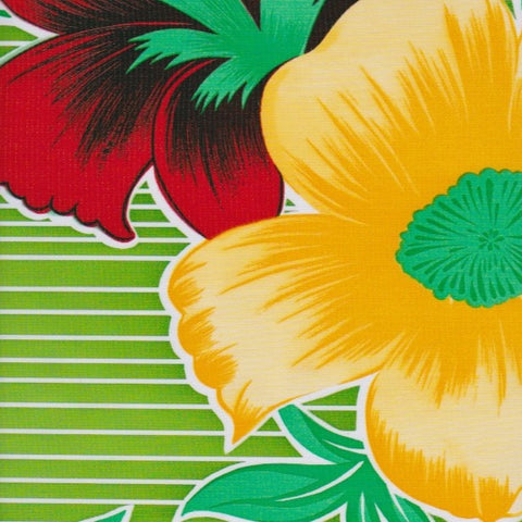 Lime Bold Flower and Stripes Oilcloth Fabric