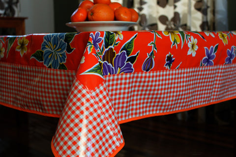 Orange Hibiscus And Gingham Oilcloth Tablecloth 84" x 56"